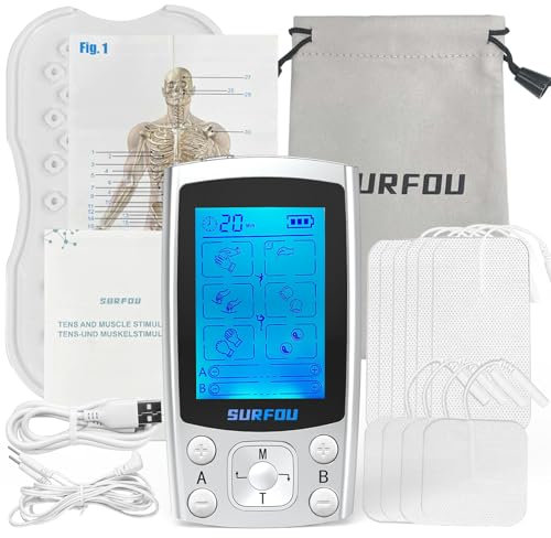 SURFOU TENS Gerät Schmerztherapie, 2 Kanäle Wehen Simulator mit 6 Modi 20 Intensitätsstufen, 3 in 1 TENS/EMS Reizstromgerät zur Muskelstimulation, Massage, Schmerztherapie, Wärmetherapie