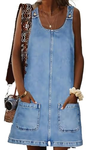 SUIUOI Robe courte en jean pour femme, coupe ajustée, col en U, tunique sans manches, coupe trapèze, robe d'été décontractée