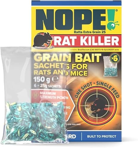 NOPE! Rat Killer Grain Bait 6 x 25g | Super Strength Poison Sachets | Single Feed Premium Oat Grain Bait | Quick-Acting Rodent Control and Mouse Killer | Works Outdoors in All Weather