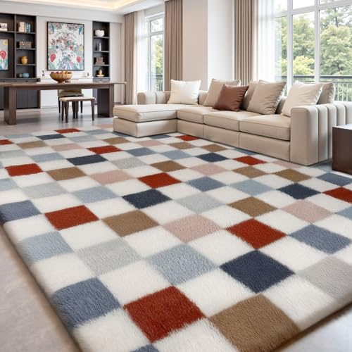 Sour Lemon Tapis pour salon, 160 x 230 cm, à carreaux multicolores, tapis pour chambre à coucher, lavable, antidérapant, extra large, moelleux, tapis shaggy pour chambre d'enfant, dortoir