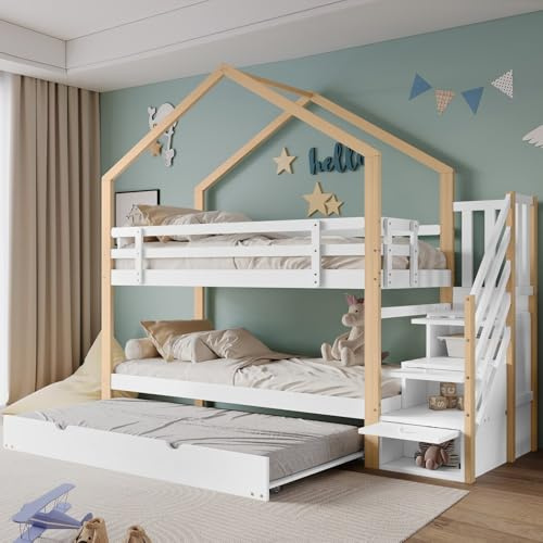 KOMHTOM Lit Superposé Enfant 90x200cm avec Lit Gigogne, 3 Places en Bois Design Toit, Cadre de Lit avec 3 Échelles de Rangement et Sommier à Lattes, sans Matelas (Blanc + Nature - G)