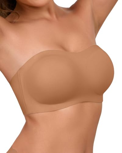 SHARICCA Dam axelbandslös bh push up utan bygel bandeau topp halkfri silikon sömlös bralette med avtagbar axelrem strapless BH, BRUN, S