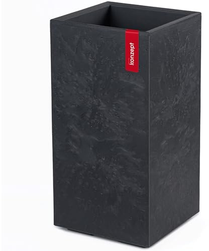 KONZEPT Grand bac à plantes haut aspect béton avec roulettes et drainage, 28,6 x 28,6 x 59,4 cm – pour intérieur et extérieur, noir