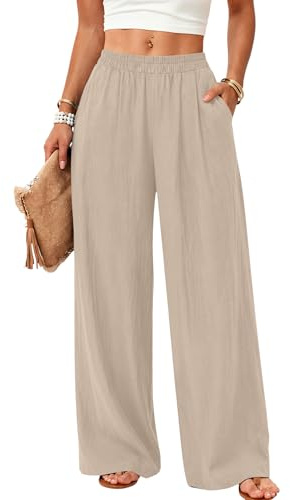 Rapbin Wide Leg Trousers for Women UK Fit Linen Pants Ladies Summer Casual Elasticated Trousers with Pockets Khaki L