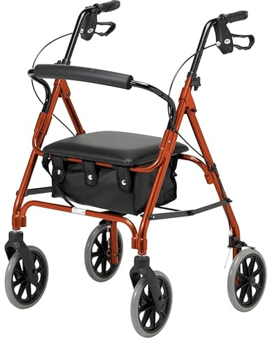 DAYS Lightweight Folding Rollator Walker – Mobility Aids, Adjustable Walking Frame with Padded Seat, Lockable Brakes, Ergonomic Handles, Walking Aid, Portable Walker for Elderly, Large – Russet Orange