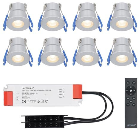 HOFTRONIC - Milano - 8er LED-Einbaustrahler 12 Volt - Beleuchtung Terrassenüberdachung - Dimmbar - Komplettset mit Fernbedienung - 3W - Plug & Play - 2700K 200lm - IP65 wasserdicht - Edelstahl
