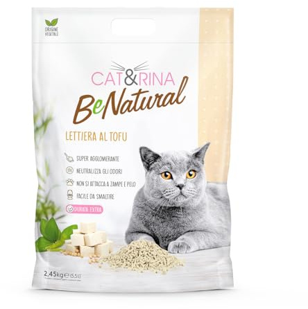 Cat&Rina BeNatural, Arena de Tofu para Gatos, Aglomerante, Vegetal y Ecológica. hasta 30 Días de Uso. Desechable en el Orgánico o el Inodoro | Fragancia : Clásica, Formato 5,5 L
