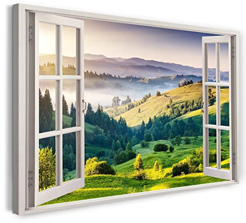 Print on Canvas (120x80 cm) view from the window - hilly landscape summer fog dawn - nature photography, real wood frame with hook
