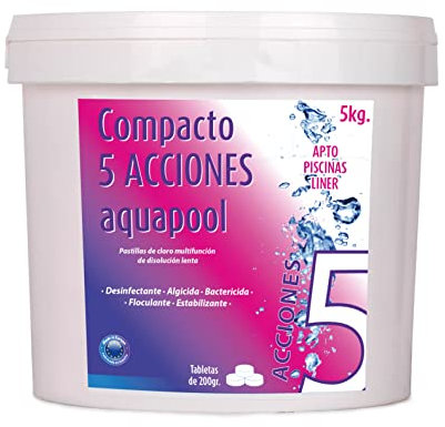 Compacto 5 ACCIONES AQUAPOOL (5 KG) - Pastillas de Cloro multifunción - Disolución Lenta - Apto Piscinas Liner