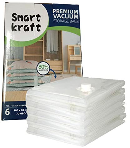 SMART KRAFT 6 PACK 100 X 80 CM JUMBO (EXTRA LARGE) VACUUM STORAGE BAGS FOR CLOTHES, DUVETS, BEDDING, PILLOW, TRAVELING WITH DOUBLE ZIP SEAL VACUUM BAGS FOR CLOTHES