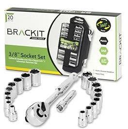 brackit Premium 20-Piece Heavy Duty Socket Set with Reversible Ratchet Handle - and Ratchet Extension Bar Set - Professional Grade Automotive and DIY Tool Kit, Socket Wrench Set, Quick-Release Button