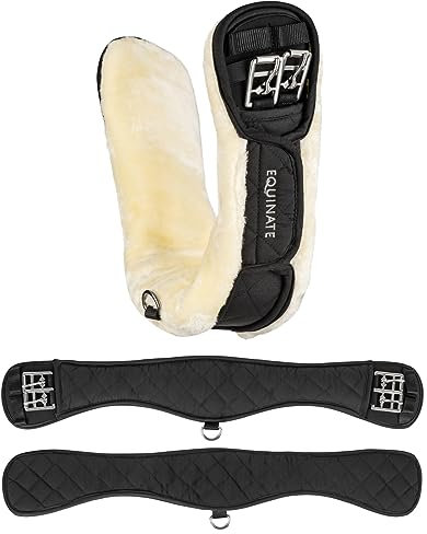 Equinate Kurzgurt Lakewood mit abnehmbaren synthetischem Lammfell 50cm - anatomischer Bauchgurt, Dressurgurt, Sattelgurt Schwarz