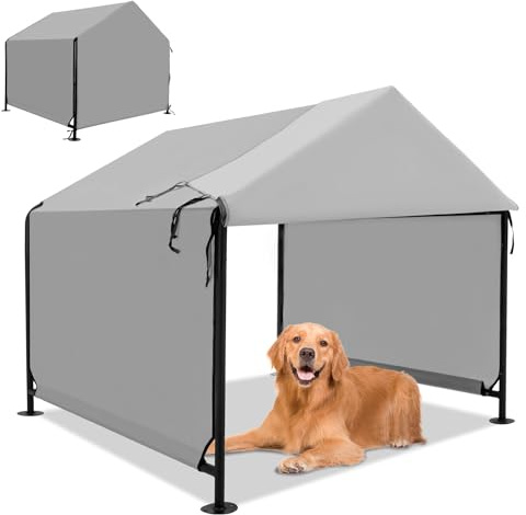 YOUGYM 4x4 FT X-Large Outdoor Dog House for Large Dogs, Heavy Duty Weatherproof Dog Kennel with Upgraded Doors, Dog Tent for Outside Shelter, Waterproof Canopy Pet House for Small Animals, Grey
