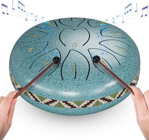 Rain Drum for Outside Garden,Couleeur 6 Inch 11 Notes Steel Tongue Drum Instrument Steel Drum Set with Drumsticks,Drumstick Stand Meditation Yoga Musical Education, Best Gift for Kids(verde chiaro)