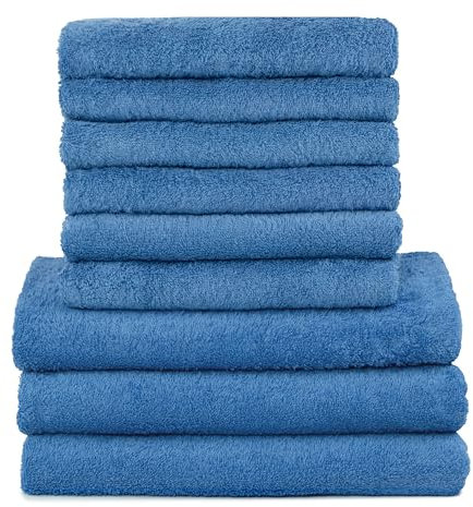 ZOLLNER 9tlg. Handtuch Set aus 6X Handtücher (ca. 50x100 cm), 3X Duschtücher (ca. 70x140 cm), besonders weich und saugstark, waschbar bis 95°C, Baumwolle, Royalblau