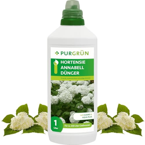Purgrün® Hortensie-Annabell-Dünger 1 Liter – Organisch-mineralische Rezeptur – Premium-Flüssigdünger mit Spurennährstoffen – NPK 8+8+6 – Mit Guano & Aqua Plus – Für prächtige Blüten