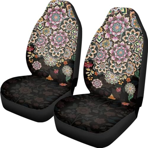 ZIATUBLES 2 Pcs Car Seat Covers for Front Vehicle Seat Protector Auto Interior Decorative Cover Black Bohemian Flower Print Automotive Accessories Universal Fit Sedan Van Truck