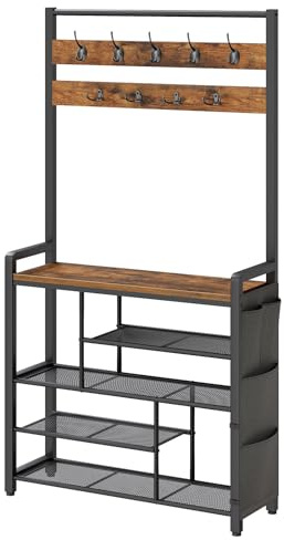 HOOBRO Coat Rack with Shoe Storage, 5 Tier Shoe Rack with Coat Rack, Shoe Storage Organizer with 9 Coat Hooks and 3 Oxford Fabric Side Pockets, Coat and Shoe Rack Hallway, Rustic Brown EBF45MT01
