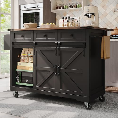 Moimhear Isola da cucina, carrello da portata con piano di lavoro estraibile, carrello da cucina su ruote, armadio da cucina con 2 ante scorrevoli e 3 cassetti (140 x 73 x 94 cm)