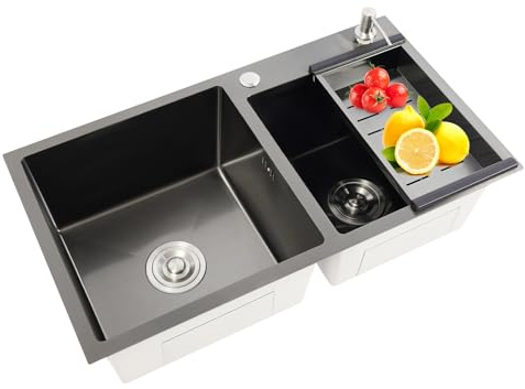 HUOMMGS Évier de cuisine à 2 bacs - En acier inoxydable - 78 x 43 cm - Rectangulaire - Gris noir - Avec 2 tuyaux d'évacuation et 2 tamis pour les ménages, les bars