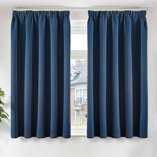 TOPICK Navy Blue Thermal Blackout Bedroom Curtains, W46 xL54 2 Panels | Pencil Pleat Living Room Curtains, Nursery Darkening Soundproof Short Curtains, Soft-feel Triple-weave Fabric
