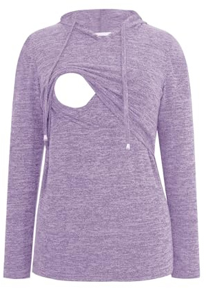 Smallshow Women's Nursing Tops Sweatshirt Long Sleeve Breastfeeding Shirt Hoodie Medium Lavender