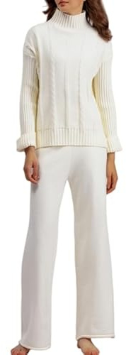 LCDIUDIU Conjunto De Dos Piezas De Punto Para Mujer, Suéter Beige Cuello Alto Con Rayas Trenzadas Y Pantalón Recto Con Dobladillo Enrollado. Conjunto A Juego, Elegante, Cálido Y Cómodo. Talla S.