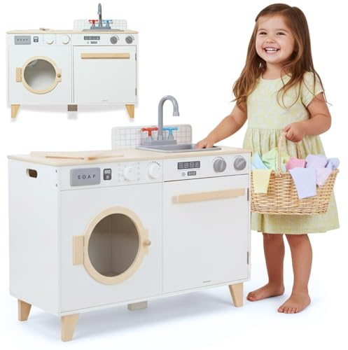Mamabrum Lavanderia e cucina in legno per bambini - Set 2 in 1 con lavatrice, lavandino e accessori per il gioco domestico