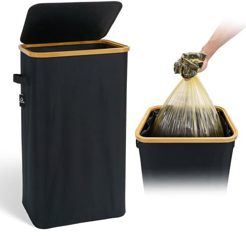 Livanella Müllsackständer 90L, gelber Sack Ständer, Mülleimer mit Deckel, Mülleimer für den gelben Sack, Müllsackhalter, Bambusrahmen und Griffe, Plastikmüll, Pfandflaschen Behälter, Mülltütenhalter