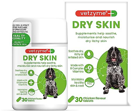 Vetzyme Dry Skin Tablets for Dogs (30 Tablets) - Dry and Itchy Skin Relief, Promotes Healthy and Smooth Skin, Tasty Chicken Flavour