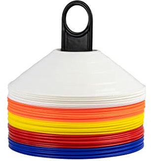 Sportacular Gear Markierungsscheiben 50er Set 5 Farben inkl. Halter | Markierungshütchen | Markierungsteller | Hütchen | Training f. Fußball Fitness | Agility f. Hunde