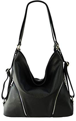 SH Leder 2in1 Handtasche Rucksack Damen Schultertasche DayPack CityRucksack aus Echt genarbt Leder (B 35cm x H 34cm xT 12cm) Sara G689 (Schwarz)