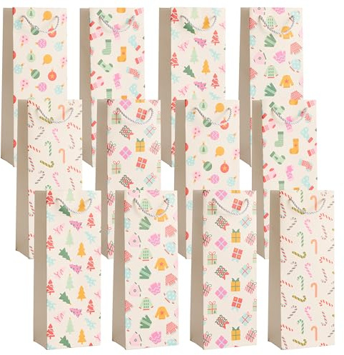THE TWIDDLERS - 12 Geschenktüten für Weinflaschen zu Weihnachten - hochwertiges Papier mit verstärkten Henkeln - 6 Designs, 2 von jedem Design, festliche Weinflaschentüte - 35cmx13cm