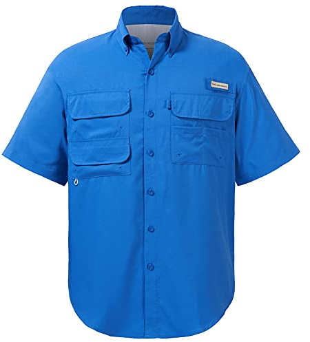 Bassdash Camisa de Vestir de Pesca para Hombre con protección UPF 50 Tejido de Manga Corta con Botones para Exteriores
