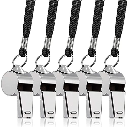 Tuoservo Lot de 5 sifflets d'arbitre en métal avec cordon pour survie, urgence, football, hockey Argenté