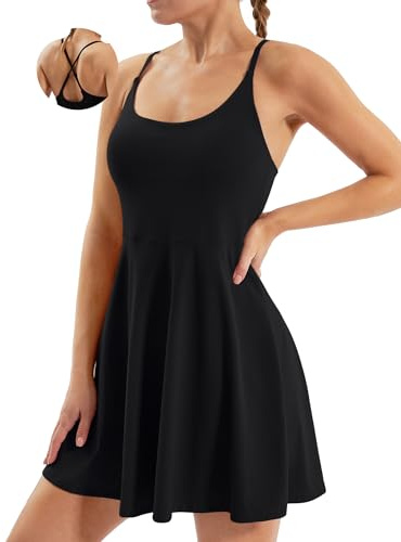 Ewedoos Tennis Dress Womens Athletic Dress Built in Shorts & Bra Adjustable Straps Workout Exercise Golf Summer Dress Black