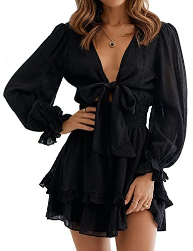 PHENHU Vestito da Donna Abito Corto Casual con Scollo a V Profondo a Maniche Lunghe con Nodo sul Davanti