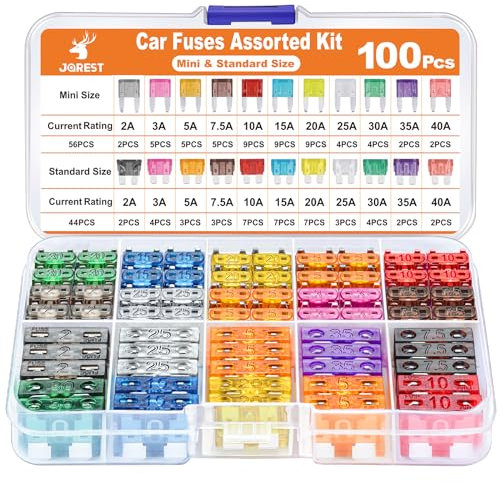 Jorest 100Pcs Car Fuse Assorted Kit, 56 Mini Blade Fuses + 44 Standard Automotive 1 Puller – 11 Specifications Mixed Auto for Car/Caravan:2Amp 3A 5A 7.5A 10A 15A 20A 25A 30A 35A 40A