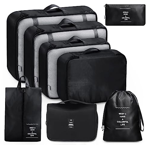 MURISE 8 Teilige Packing Cubes, Kleidertaschen, Koffer Organizer für Urlaub und Reisen, Packwürfel Set Reise Würfel, Ordnungssystem für Koffer - Schwarz