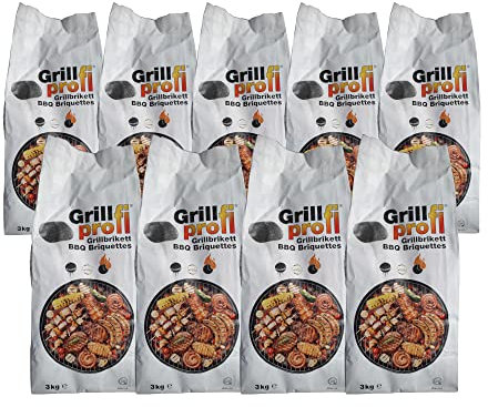 Grillprofi 27kg Grillbriketts 9 x 3kg Grill Brikett Holzkohle Holz Kohle für Kugel-& Holzkohlegrill 3,5h Lange Brenn-& Glutdauer | 100% Made in Germany | Energie Kienbacher
