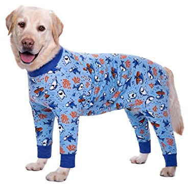 BT Bear Stora hundkläder, elastiska onesie-kläder för husdjur skyddar leder anti-hår anti-slickning, sårskydd husdjur pyjamas pyjamas hund jumpsuit för medelstora hundar (4XL, blå haj)