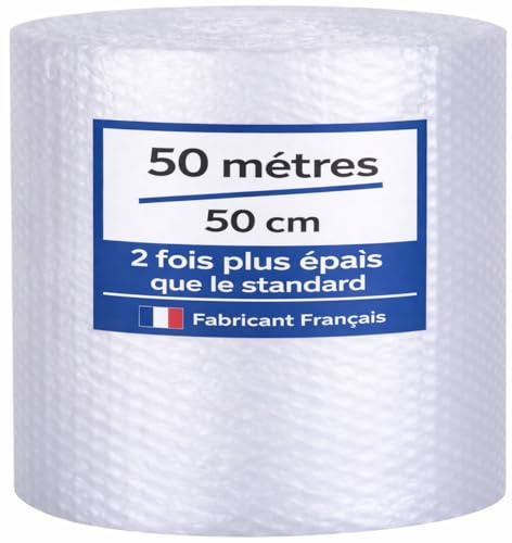 Rouleau Papier Film à bulles - 50 mètres x 50 cm - FABRIQUÉ EN FRANCE - Idéal Emballage Déménagement ou Expédition Colis - Papier Bulle Haute Qualité