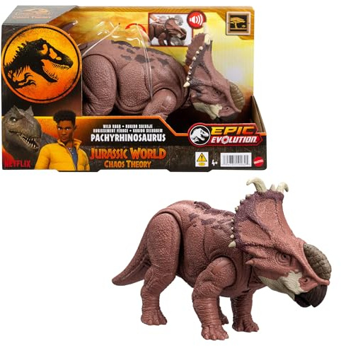 Mattel Jurassic World: Chaos Theory Netflix - Wild Roar Pachyrhinosaurus Dinosaur Figure with Continuing Head Strike & Roar Sound, Posable Toy & Digital Play, Ages 4 Years & Up, HTK72
