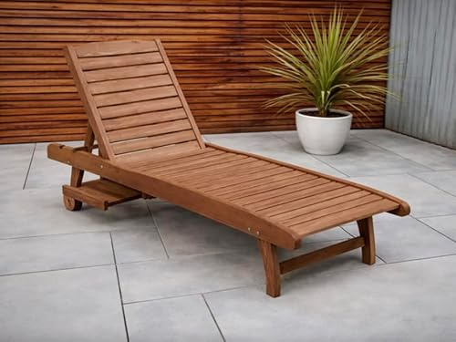 Wooden Sun Lounger Garden Patio Day Sun Bed Relax Chair Rustic Recliner Wheels Seat Rustic Side Table Outdoor Deck Single Sunbed Poolside Seater