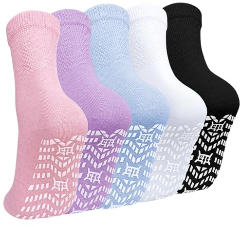 ZAKASA Non-slip Women Slipper Socks: Anti Slip Grip Socks Womens Cotton with Non Elastic Cuff for Yoga Pilates UK 5.5-7.5 Classic 5 Pairs