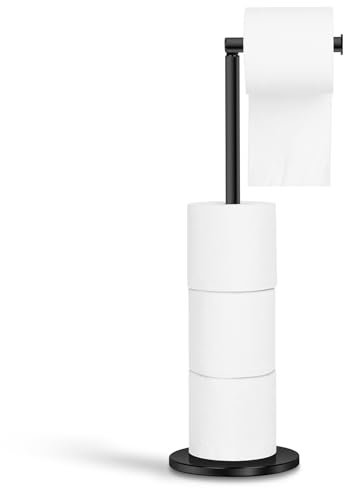 Black Toilet Roll Holder Free Standing Toilet Paper Holder Stand with Reserve, Stainless Steel Anti Rust Freestanding Toilet Tissue Roll Dispenser Holds 3-4 Paper Rolls, Bathroom Storage (1, Black)