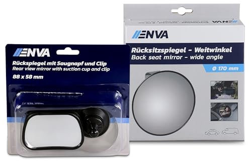ENVA Rücksitzspiegel Weitwinkel Ø 175 mm + Rückspiegel mit Saugnapf und Clip Babyspiegel für nach hinten gerichtete Kindersitze & Autoinnenspiegel für Windschutzscheibe und Sonnenblende