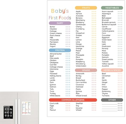 Baby First Food Tracker, första matdiagram, raderbar magnetisk barnmatstabell – 101 livsmedel före 1 checklista, babymat checklista magnet, första matbord för log daglig mat