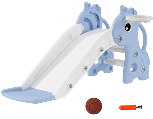 AIYAPLAY Kinder Rutsche Kinderrutsche mit Basketballkorb, Basketball Indoor Outdoor Kunststoff Kleinkinderrutsche Gartenrutsche Rutsche für Kinder 1 bis 3 Jahre, Blau