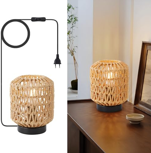 WILON Tisch Lampe, Rattan Tischlampe Kleine, Tischlampe mit Stecker, E27 Schreibtischlampe Retro, Handgewebte Lampenschirme, Nachtlicht Lampe für Schalfzimmer Kinderzimmer, Esszimmer, Hochzeit